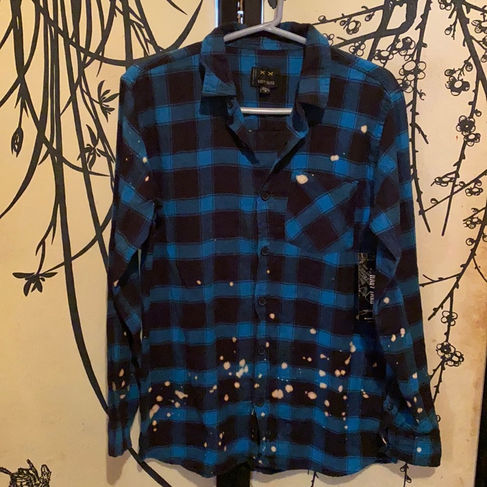 Navy Yard Blue Black Plaid Hand Bleached Splatter Flannel Button Up Shirt
